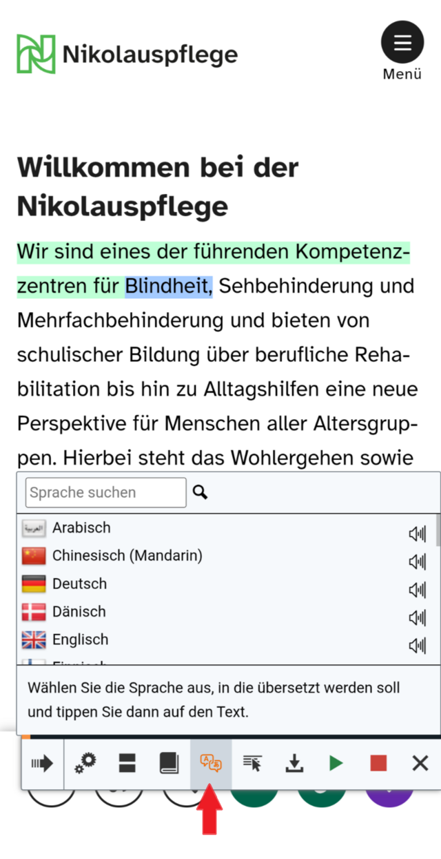Screenshot 2: Übersetzung der Website auf dem Smartphone mittels Vorlese-Funktion.