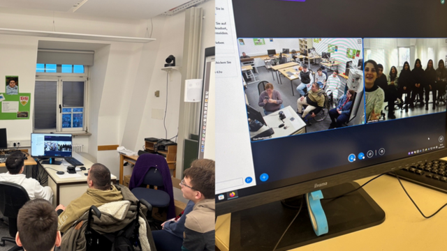 Auf vier Bildern sieht man Schülerinnen und Schüler in Klassenzimmern sitzen. Sie schauen auf einen eingeschalteten Computerbildschirm